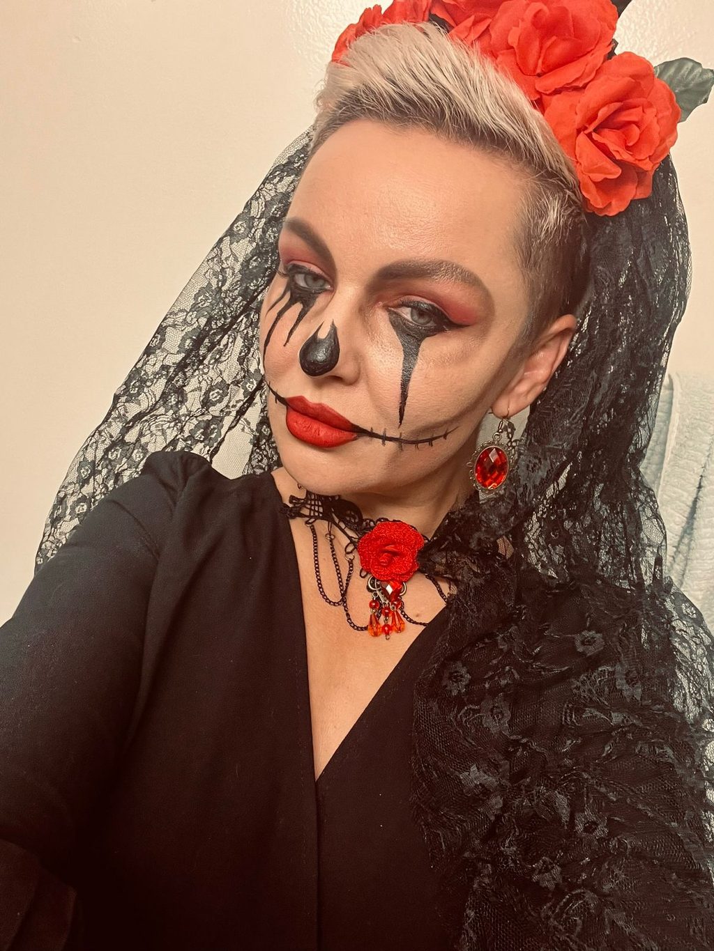 Catrina Dia de los Muertos Full-Face Design Black and Red by Happy Faces LA.